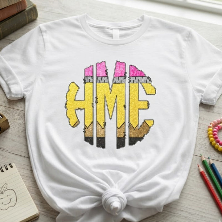 Round School Pencil Monogram Teacher Shirt | Personalized Back to School Tee