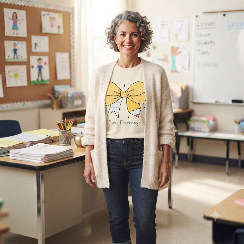 A smiling woman with gray curly hair stands in a classroom wearing a cream cardigan over a cream graphic T-shirt that says 'Mrs. Maroney' with a yellow bow illustration, paired with dark blue jeans.
