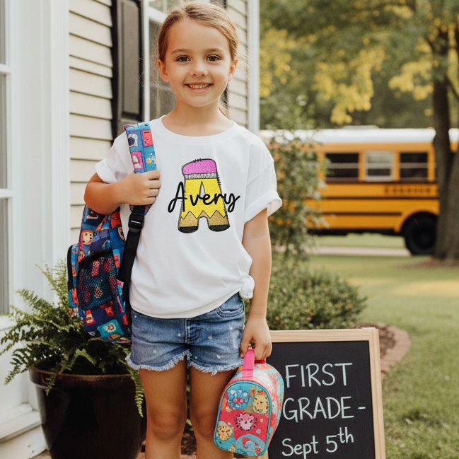 A young girl wearing a white t-shirt with a custom graphic of a yellow pencil and the name 'Avery' in black script, paired with denim shorts, standing at front door of house with school bus in background.