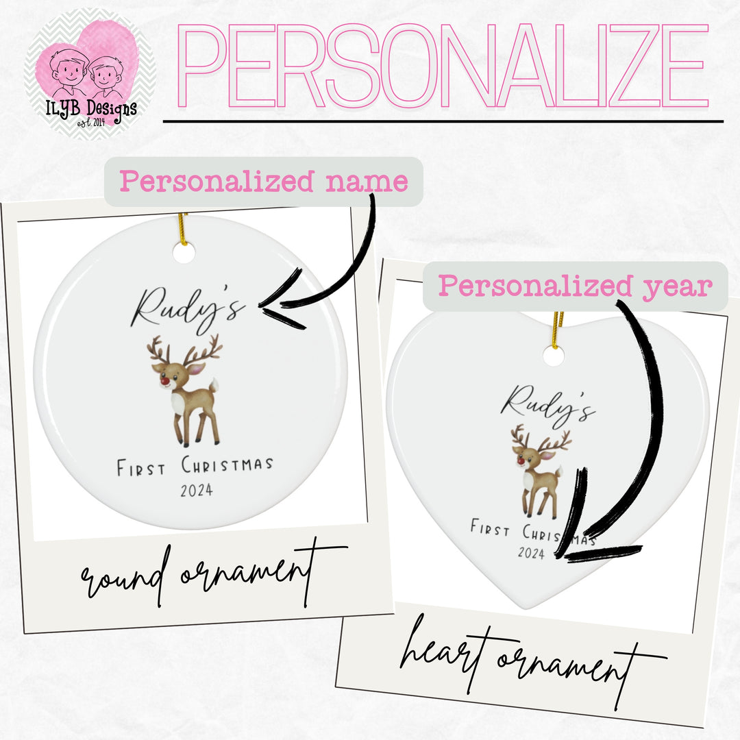 Two Christmas ornaments, one round and one heart-shaped, with text for personalization.