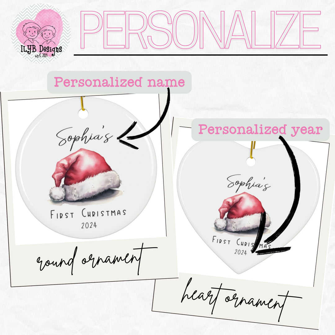 Two Christmas ornaments, one round and one heart-shaped, with 'Sophia's First Christmas 2024' text and a Santa hat illustration.