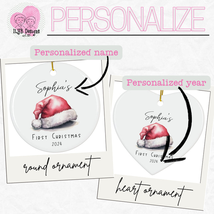Two Christmas ornaments, one round and one heart-shaped, with 'Sophia's First Christmas 2024' text and a Santa hat illustration.