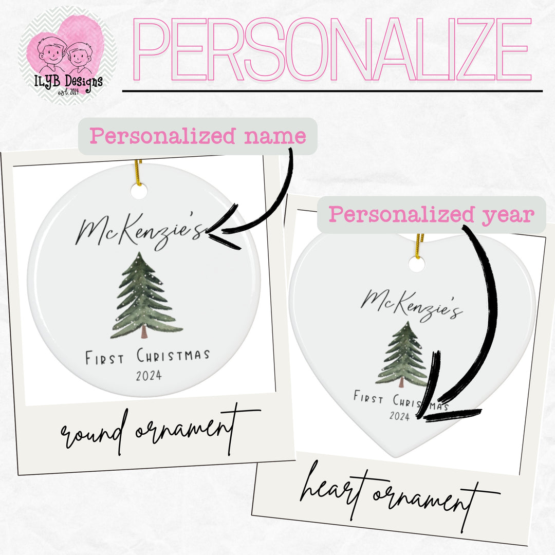 Two Christmas ornaments, one round and one heart-shaped, with personalized text and tree design.