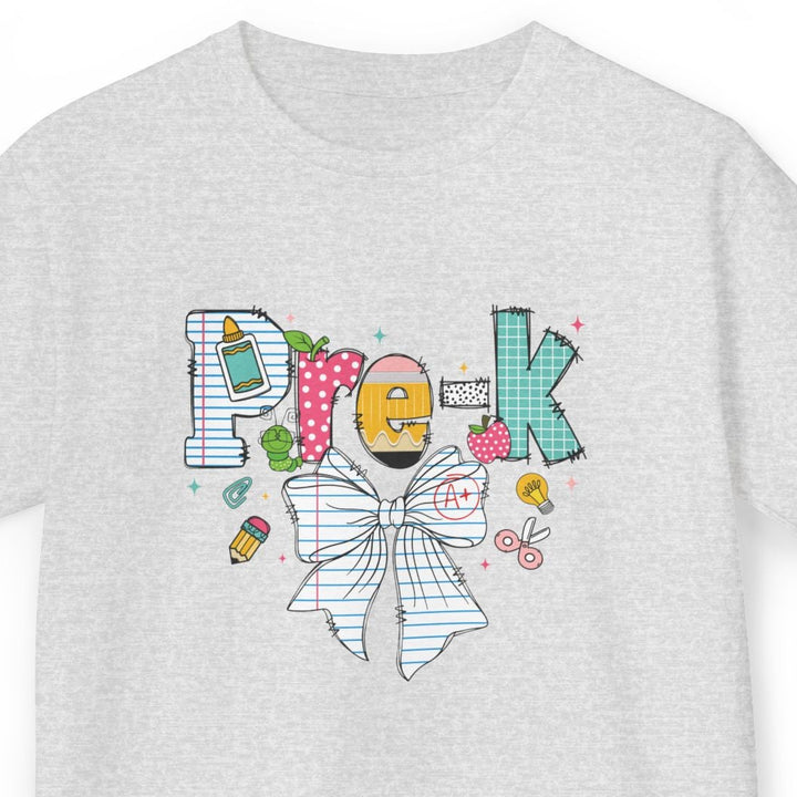 A light ash gray short-sleeve t-shirt with a colorful graphic on the chest spelling 'Pre-K' with a large preppy bow.
