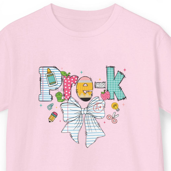 A light pink short-sleeve crewneck t-shirt featuring a colorful graphic on the chest that spells 'Pre-K'  including preppy bow.