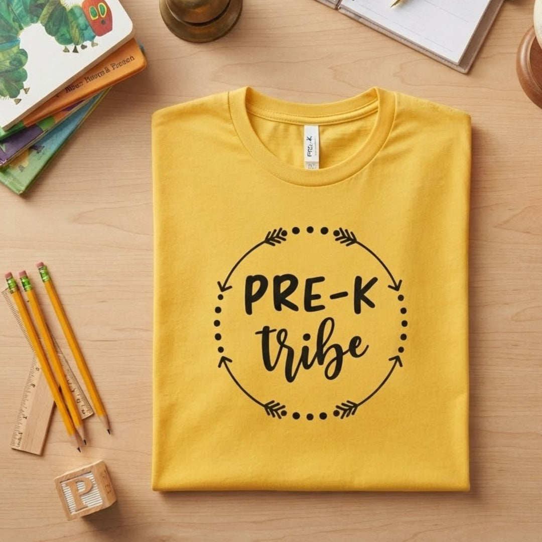 A folded yellow t-shirt with a black graphic reading 'PRE-K tribe' inside a dotted circle with arrows, displayed on a light wood desk with school supplies.