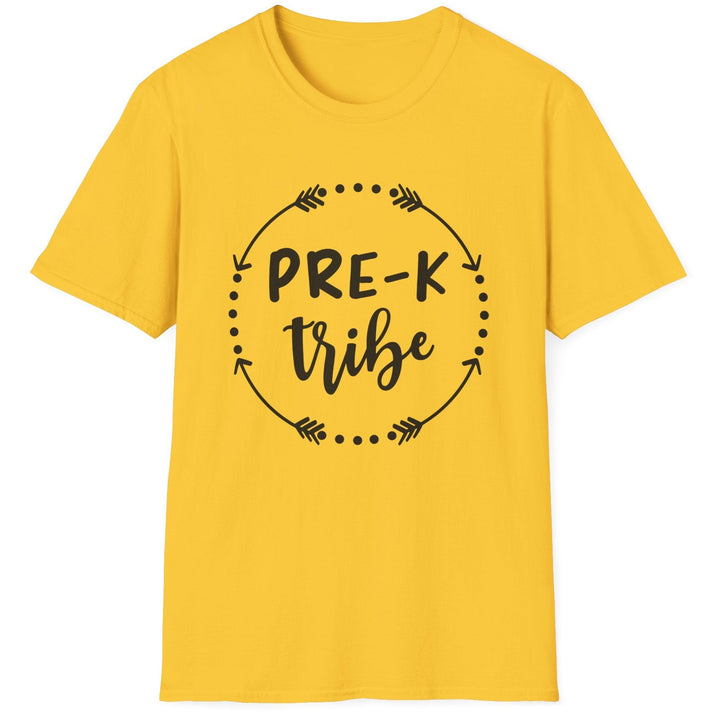 A yellow short-sleeve crewneck t-shirt with a black graphic on the chest that reads 'PRE-K tribe' inside a dotted and arrow circular design, shown on a plain white background.