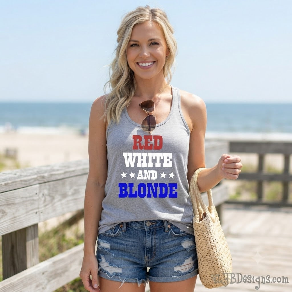 model wearing gray tank that says red, white, and blonde with a beach in the background