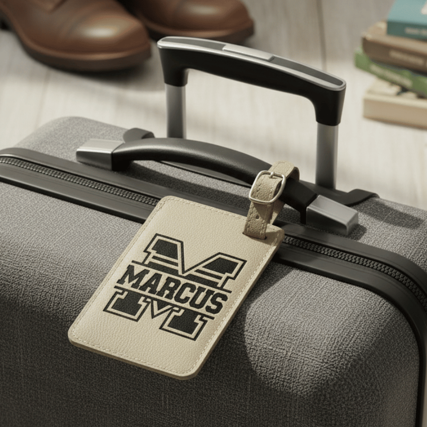 Gray suitcase with a luggage tag with 'Marcus' engraved in black in a varsity style split font.