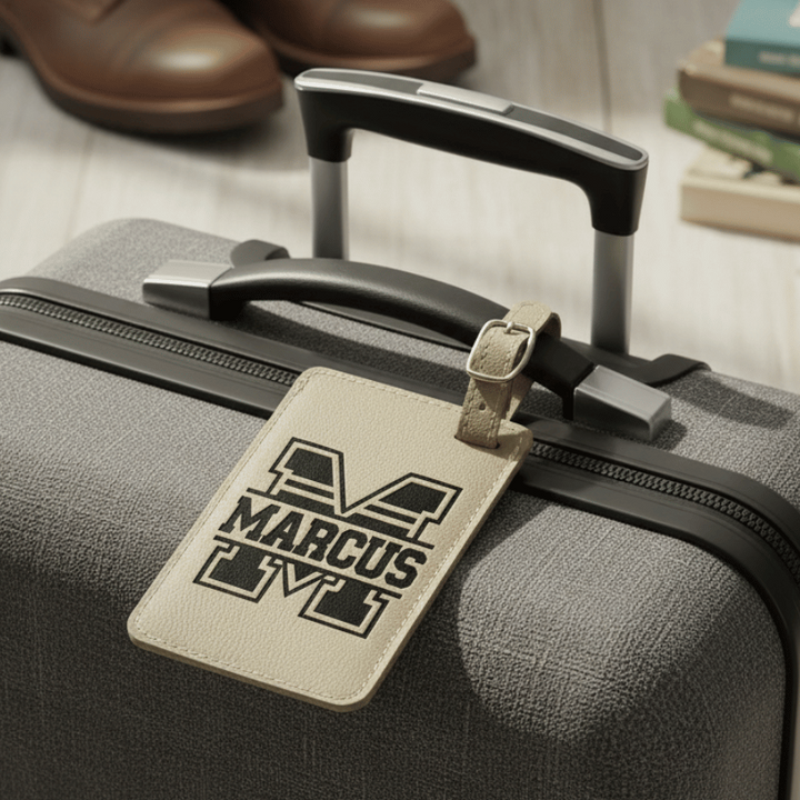 Gray suitcase with a luggage tag with 'Marcus' engraved in black in a varsity style split font.