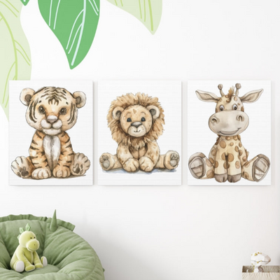 Safari Animals Nursery Wall Art | Set of 3 Canvas Gallery Wraps