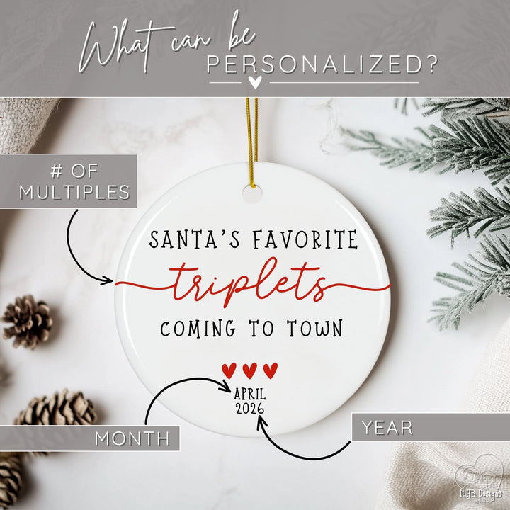 Graphic showing what part of ornament can be personalized. The number of multiples, month, and year can be personalized on this round white ceramic Christmas ornament with “Santa’s Favorite Triplets Coming to Town” with 3 small red hearts and the month and year due date for babies. With classic black lettering, red accent hearts, and a simple elegant twins word design accented 