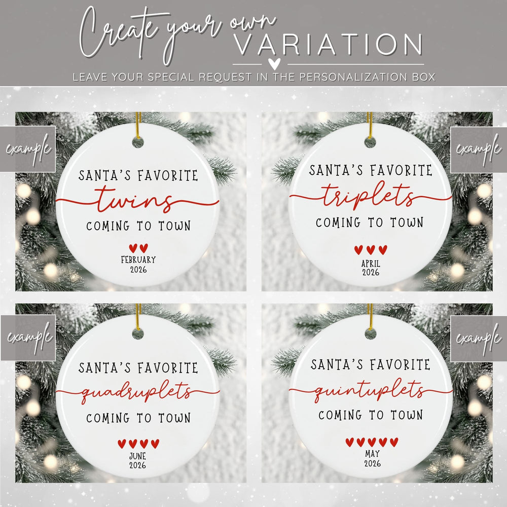 Graphic showing different examples of baby multiples variations you can personalize on your ornament - twins, triplets, quadruplets, quintuplets, etc.
