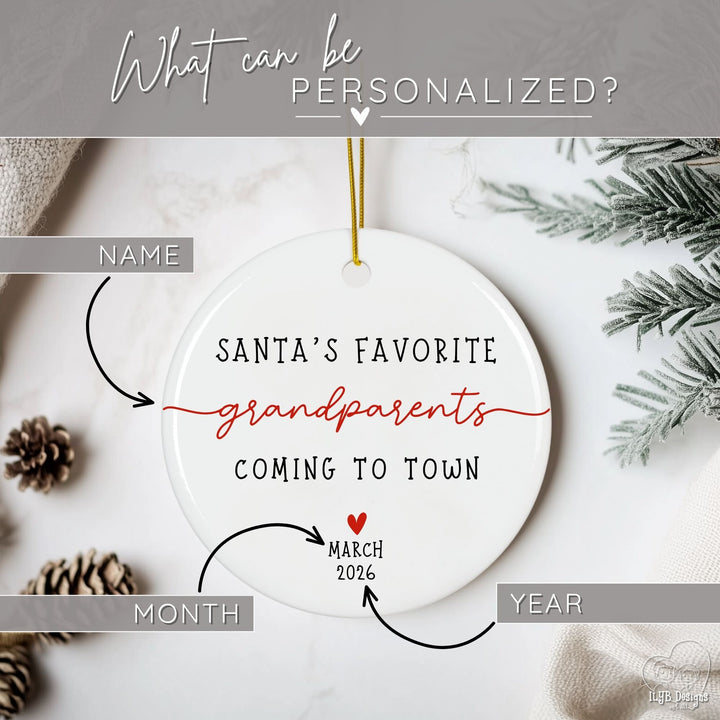 Graphic showing what part of ornament can be personalized. The name of family member, month, and year due date can be personalized on this round white ceramic Christmas ornament with “Santa’s Favorite Grandparents Coming to Town” with a small red heart and the month and year due date for baby. With classic black lettering, red accent heart, and a simple elegant grandparents word design accented in red.