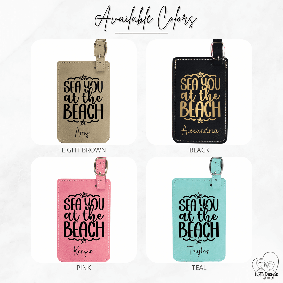 Four luggage tags with 'Sea You at the Beach' text in different colors on a white background.