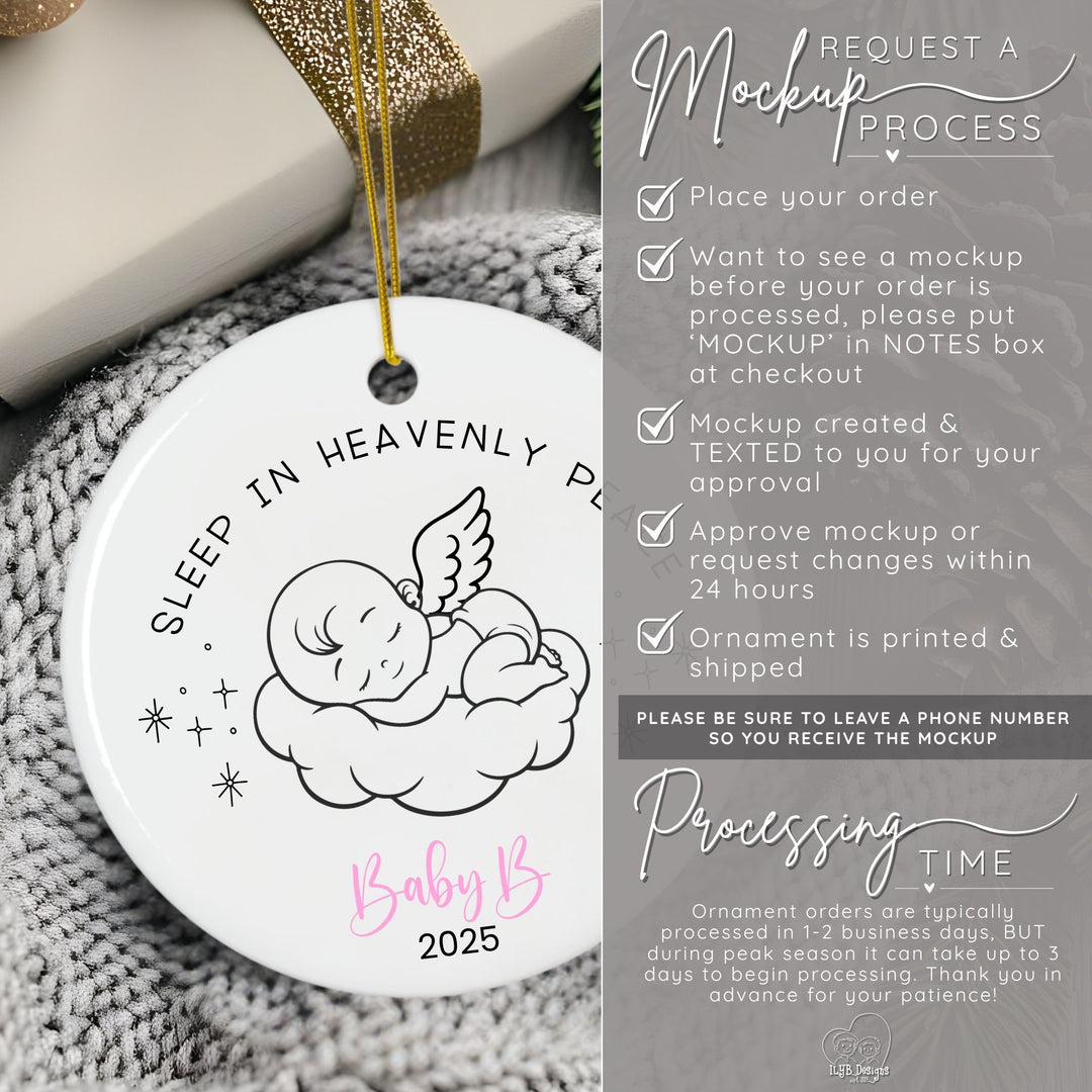 How to request a mockup to be sent to you before your ornament is printed. Place your order and put the word MOCKUP in the notes box. A mockup will be created and texted to you for approval. Approve mockup or request changes within 24 hours. Ornament is printed and shipped. Please be sure to leave a phone number so you receive the mockup. Ornament orders are typically processed in 1-2 business days. During peak season it can take up to 3 days to begin processing.