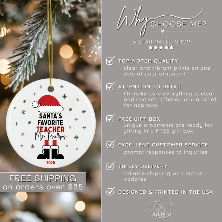 Santa's Favorite Teacher Ornament Personalized | School Staff Member Ornament