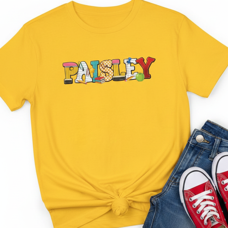A bright yellow graphic t-shirt featuring the word &