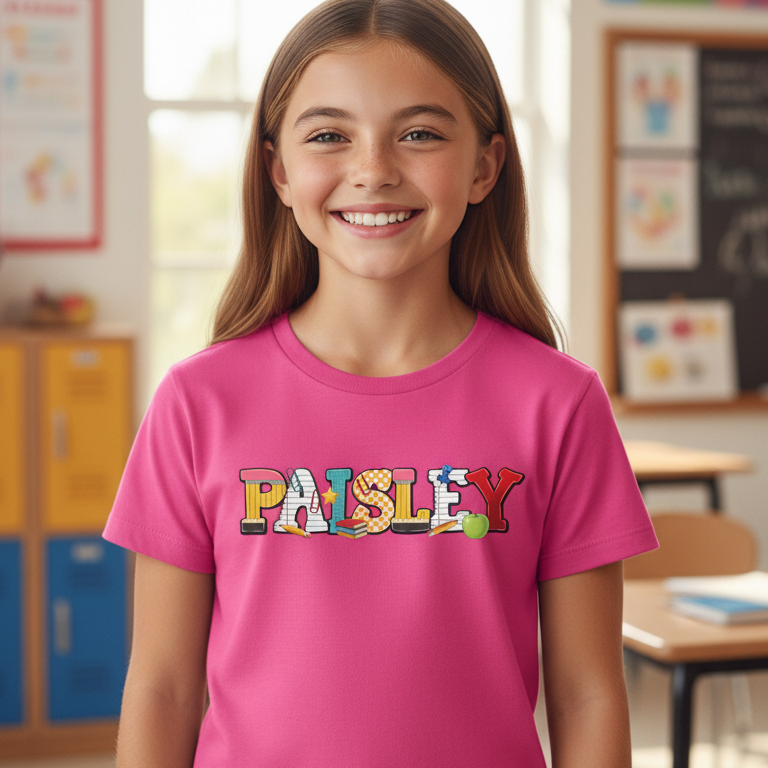 A smiling young girl with long brown hair stands in a school classroom wearing a bright pink t-shirt with the word 'Paisley' printed across the chest in a colorful, textured school design pattern.