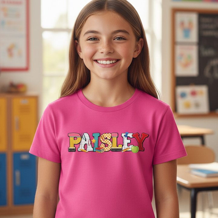 A smiling young girl with long brown hair stands in a school classroom wearing a bright pink t-shirt with the word &