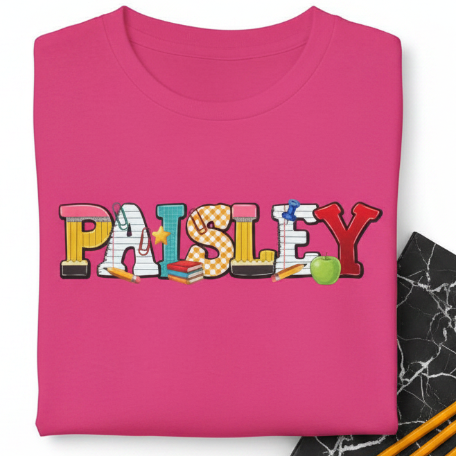 A bright pink short-sleeve t-shirt with the word &