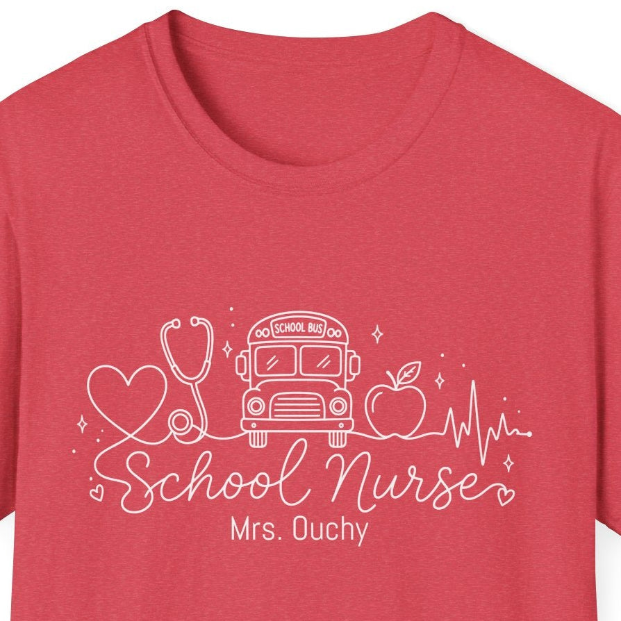 Red t-shirt with white school nurse line drawn sketch design text on a white background