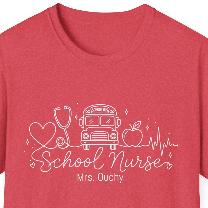 Red t-shirt with white school nurse line drawn sketch design text on a white background