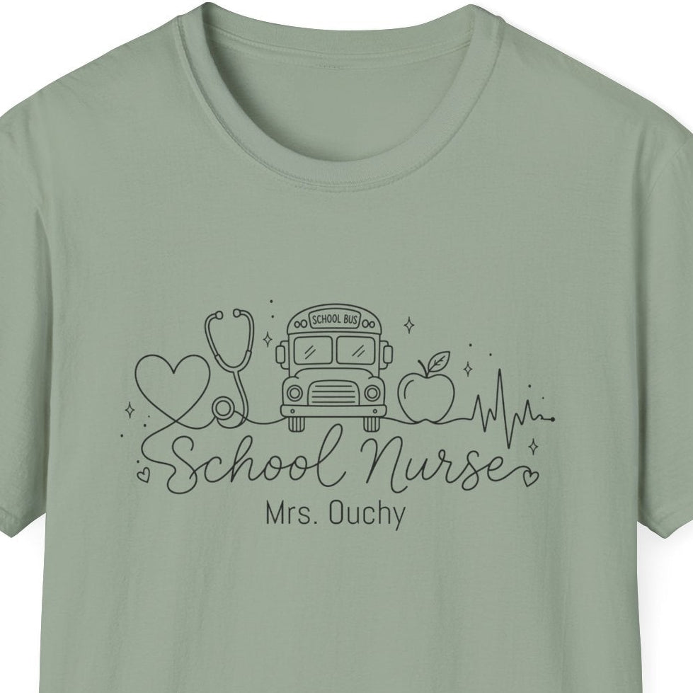 Sage t-shirt with black line drawn school nurse graphic and text on a white background