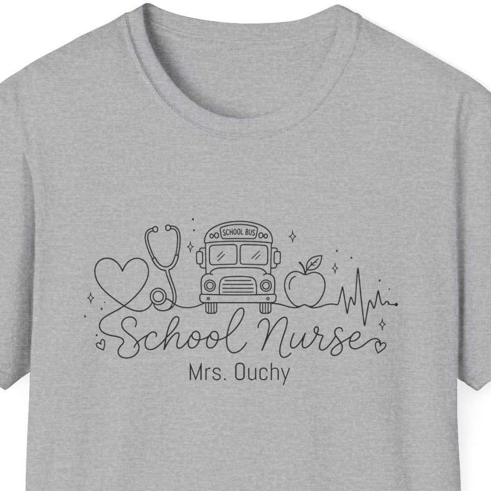 Sport grey t-shirt with a school nurse line drawn graphic and nurse name on a white background