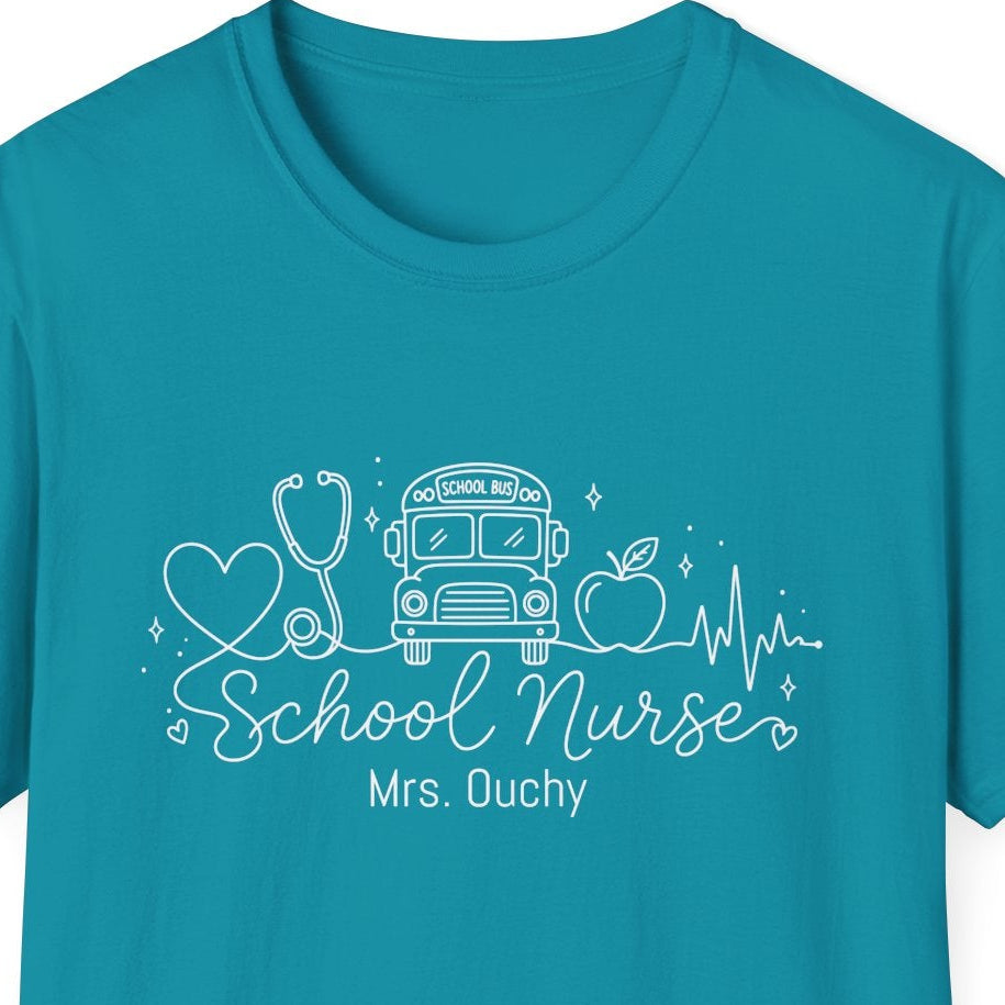 Blue t-shirt with white school nurse line drawn sketch graphic and nurse name on a white background