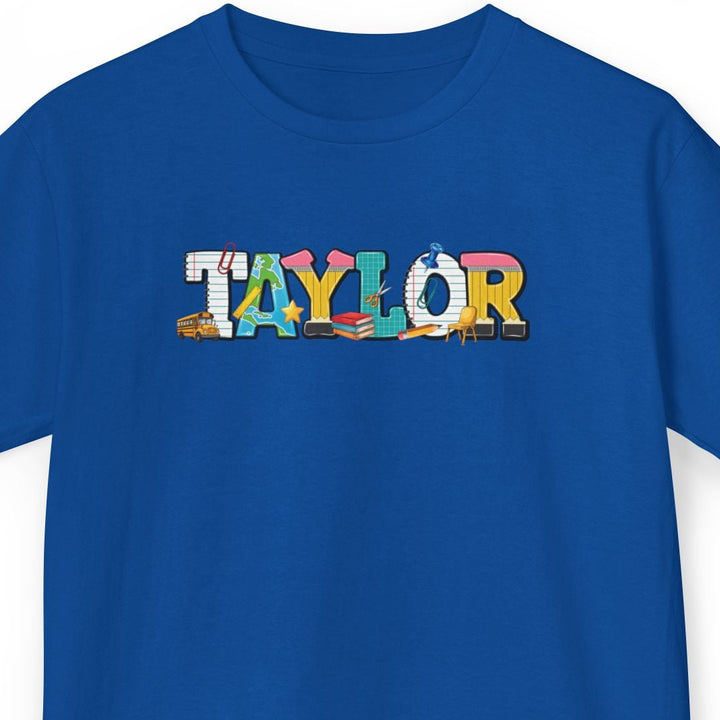 A royal blue short-sleeve t-shirt with a colorful graphic spelling 'TAYLOR' across the chest, displayed on a clean white background.