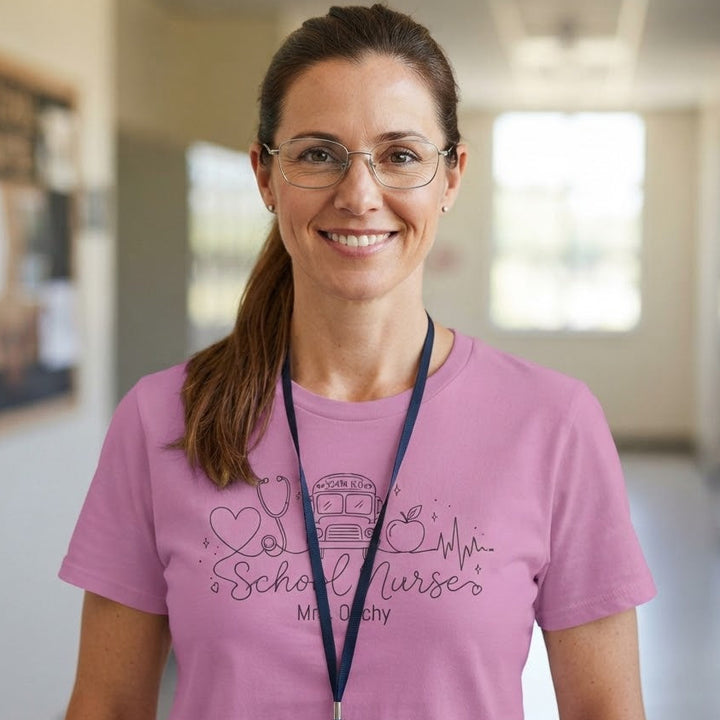 A smiling woman with glasses stands in a hallway wearing a pink short-sleeve T-shirt with a school nurse graphic and a dark navy lanyard with an ID badge.