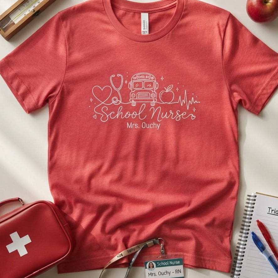 A heather red short-sleeve t-shirt with a white graphic reading 'School Nurse Mrs. Ouchy' and featuring a nurse hat, stethoscope, and medical icons in a line drawn sketch style.