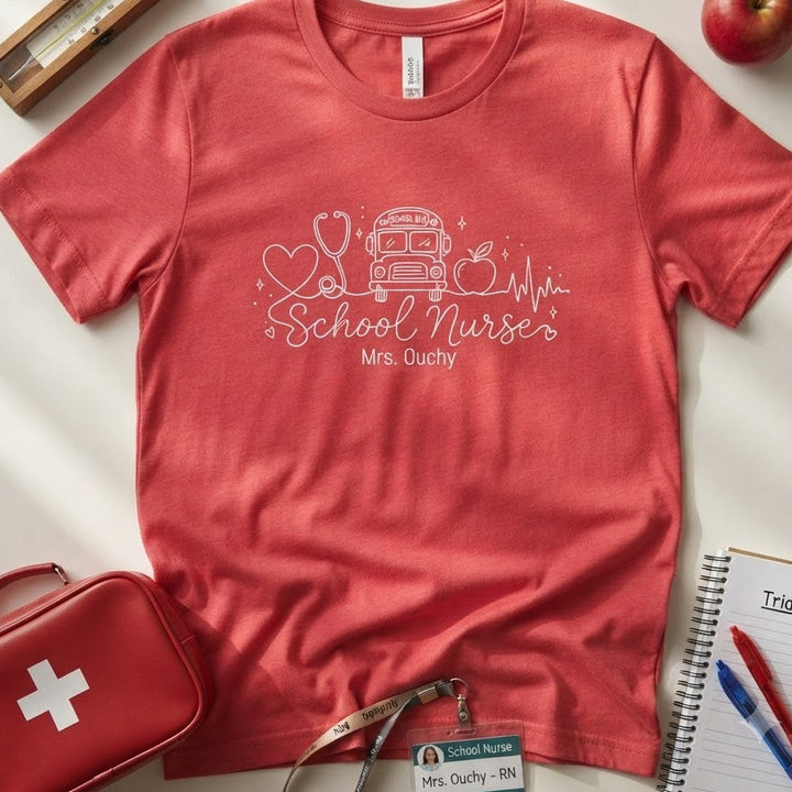 A heather red short-sleeve t-shirt with a white graphic reading 'School Nurse Mrs. Ouchy' and featuring a nurse hat, stethoscope, and medical icons in a line drawn sketch style.