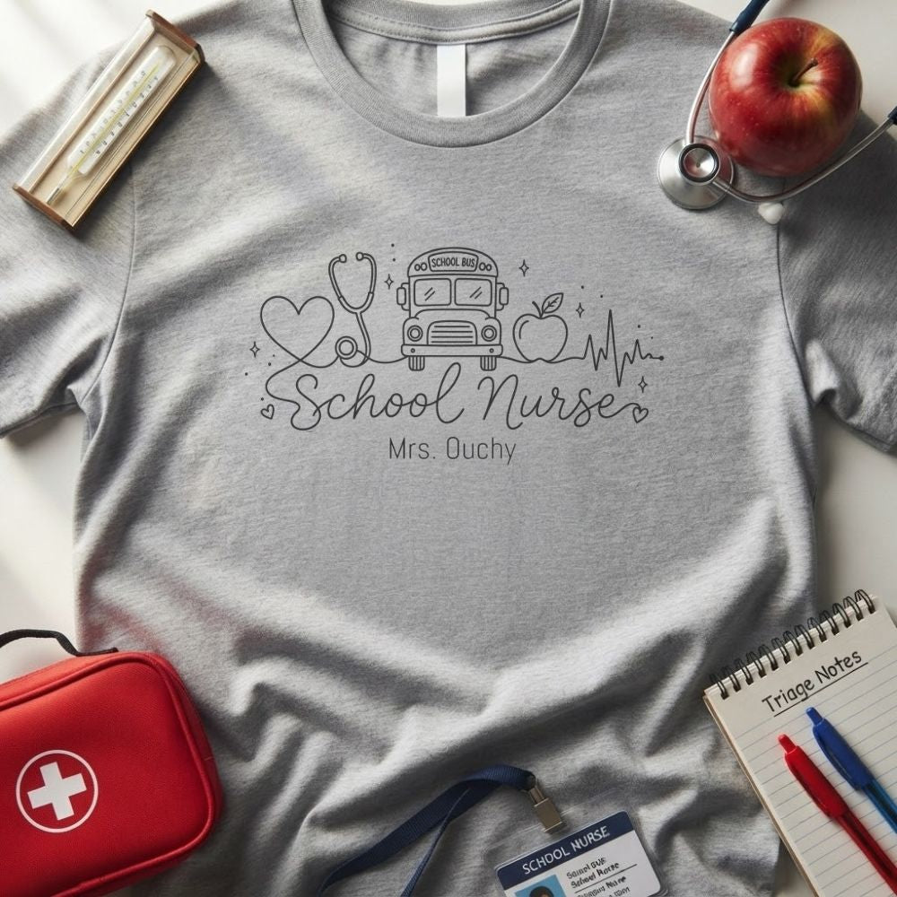A heather grey short-sleeve t-shirt with a white graphic reading 'School Nurse Mrs. Ouchy' and featuring a nurse hat, stethoscope, and medical icons in a line drawn sketch style.