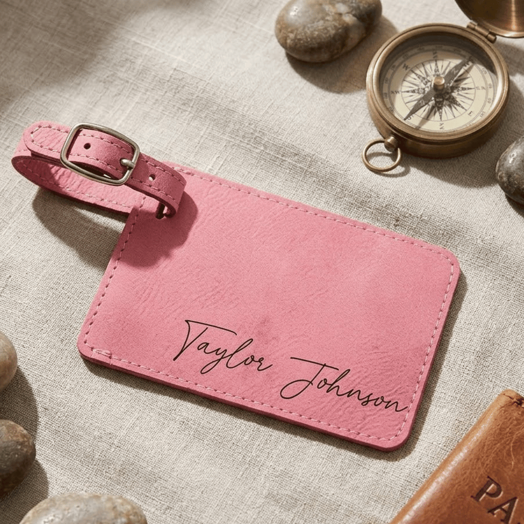 Pink luggage tag with 'Taylor Johnson' engraved in black,  placed on a textured surface with stones and a compass.