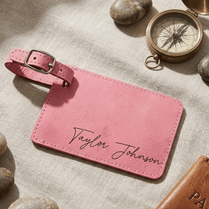Pink luggage tag with 'Taylor Johnson' engraved in black,  placed on a textured surface with stones and a compass.