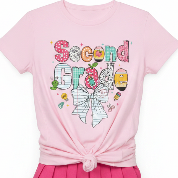 A light pink short-sleeve t-shirt with a 'Second Grade' preppy graphic with scrapbook style letters and a bow on the front, styled with a knot at the hem and paired with a pink pleated skirt against a white background.