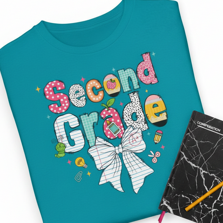 A teal t-shirt with a colorful &