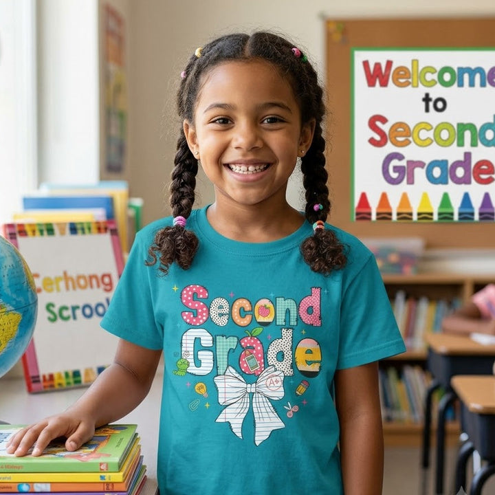 A young girl with braided hair stands in a classroom wearing a teal t-shirt with a colorful 'Second Grade' graphic. She is smiling and looking directly at the camera, with a globe, books, and a 'Welcome to Second Grade' sign in the background.