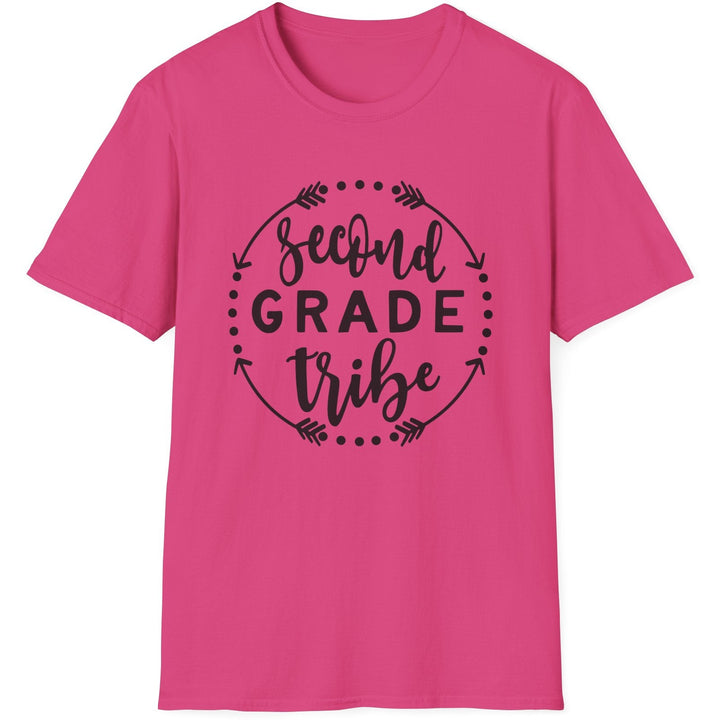 A bright pink short-sleeve crewneck t-shirt with a black graphic on the chest that reads 'Second Grade Tribe' inside a circular arrow design, shown on a plain white background.