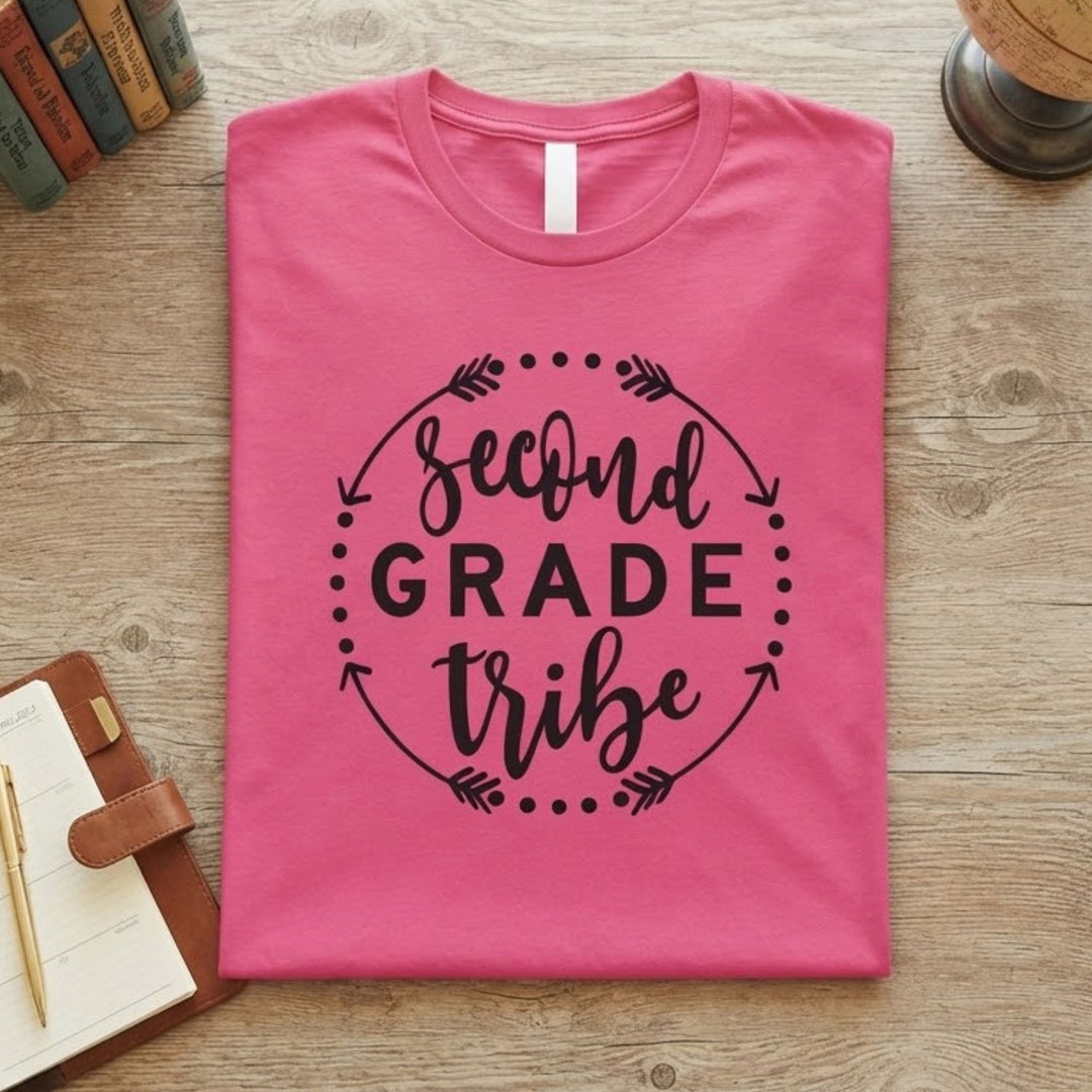 A folded bright pink t-shirt with a black graphic reading 'Second Grade Tribe' inside an arrow circle, displayed on a wooden tabletop with books, a notebook, and a lamp nearby.