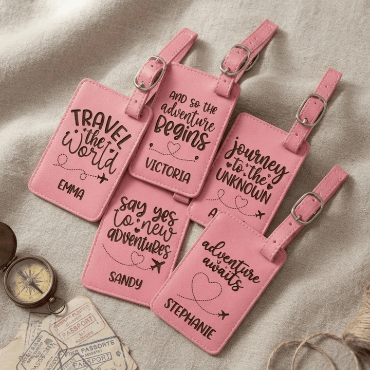Set of 5 Travel Quote Luggage Tags | Laser Engraved Leatherette Travel Themed Wedding Favors