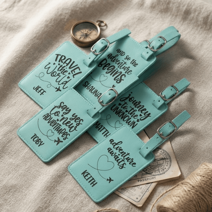 Set of 5 Travel Quote Luggage Tags | Laser Engraved Leatherette Travel Themed Wedding Favors
