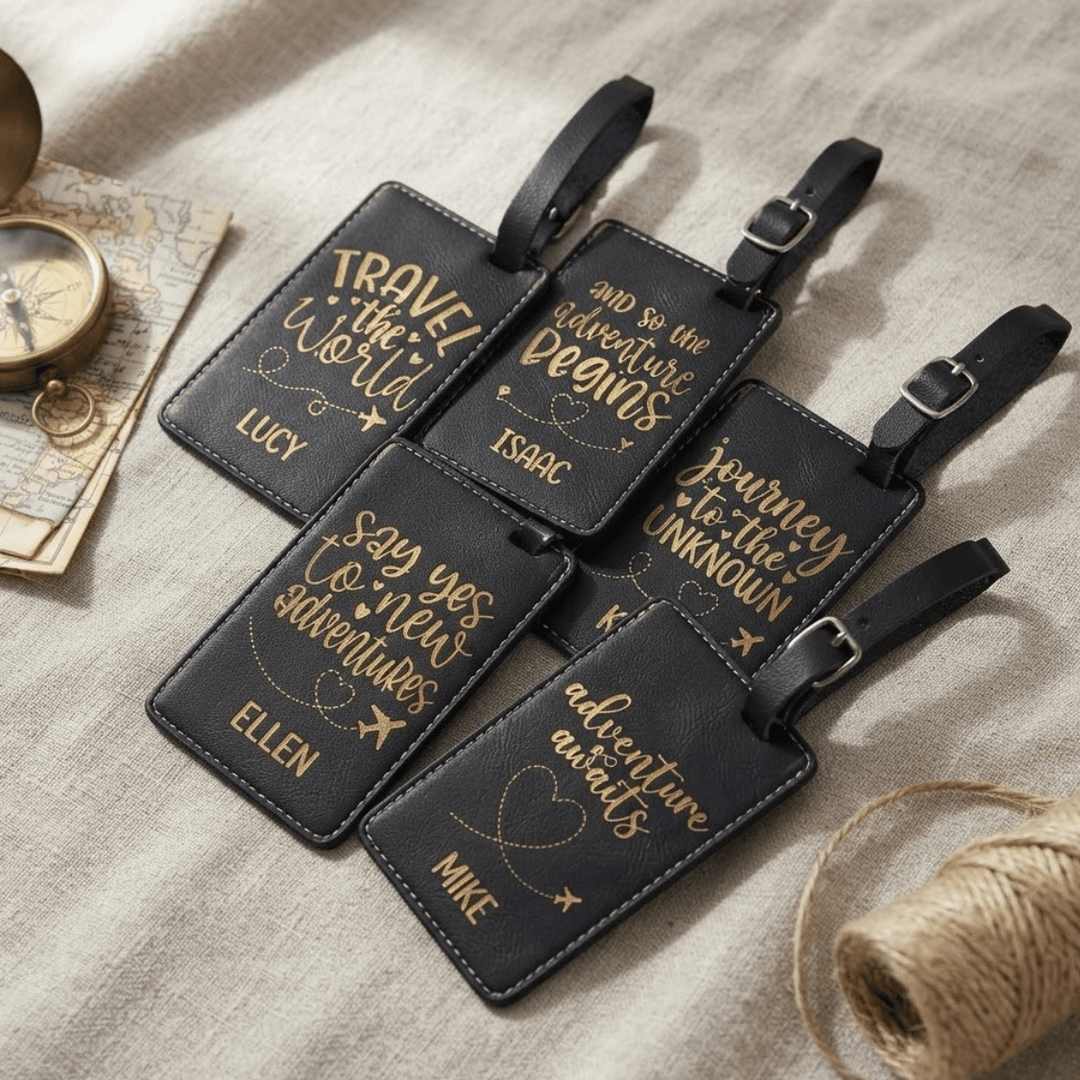 Set of 5 Travel Quote Luggage Tags | Laser Engraved Leatherette Travel Themed Wedding Favors