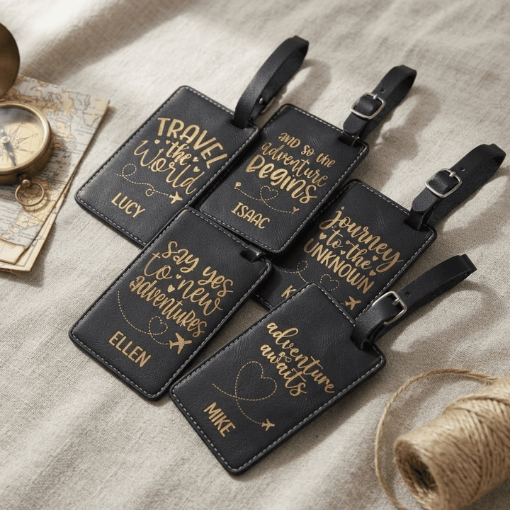 Set of 5 Travel Quote Luggage Tags | Laser Engraved Leatherette Travel Themed Wedding Favors