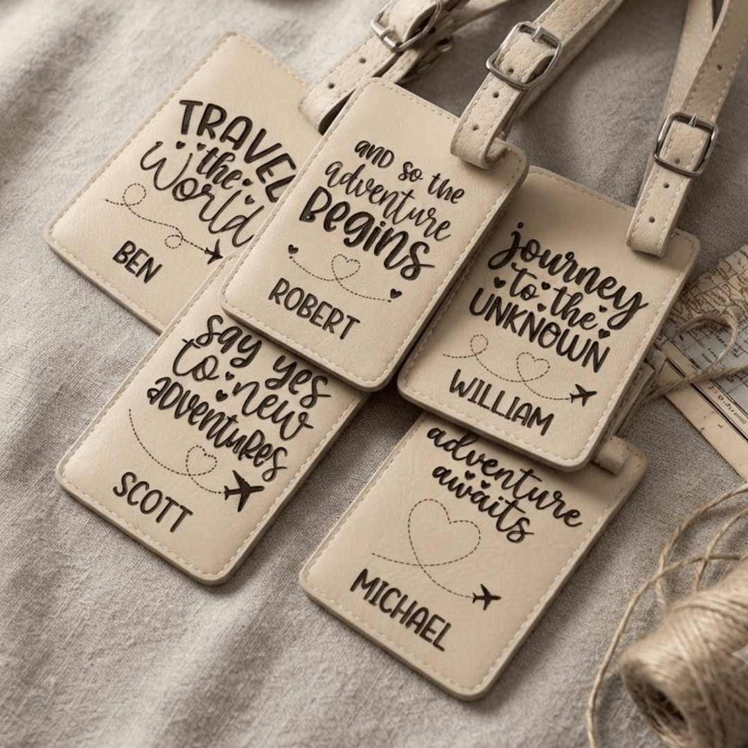 Set of 5 Travel Quote Luggage Tags | Laser Engraved Leatherette Travel Themed Wedding Favors