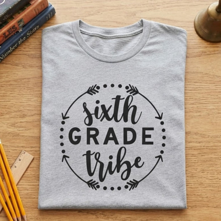 A light heather gray t-shirt with a black graphic reading 'sixth GRADE tribe' inside an arrow and dotted circle, laid flat on a wooden desk with school supplies nearby.