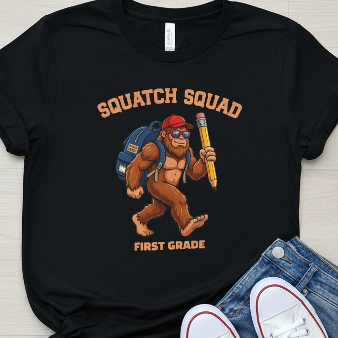 A black graphic t-shirt laid flat on a light wood surface, styled with blue jeans and white sneakers. The t-shirt features a cartoon illustration of a Bigfoot-like figure wearing a red cap and blue backpack, holding a yellow pencil, with the text 'SQUATCH SQUAD' above and 'FIRST GRADE' below.
