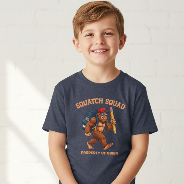 A smiling young boy wearing a heather navy blue graphic t-shirt with a cartoon bigfoot with 'Squatch Squad' in an arc above character and 'property of Owen' in a straight line under bigfoot.
